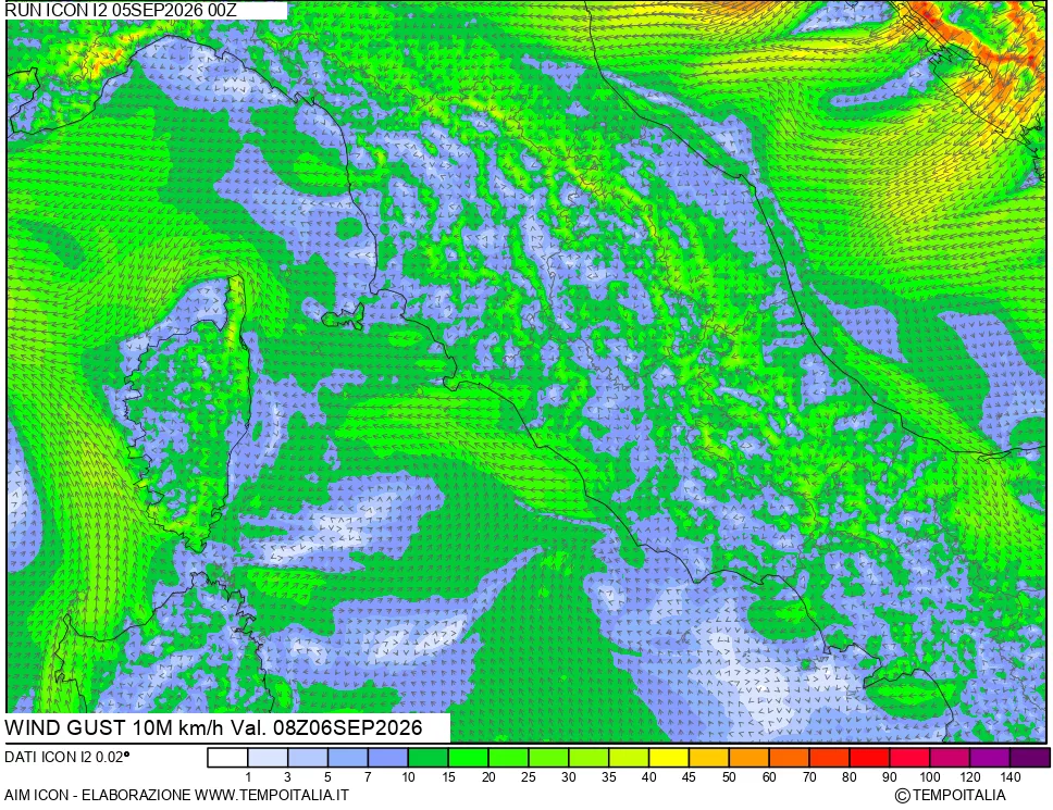 mappa 10 m Vento raffica massima