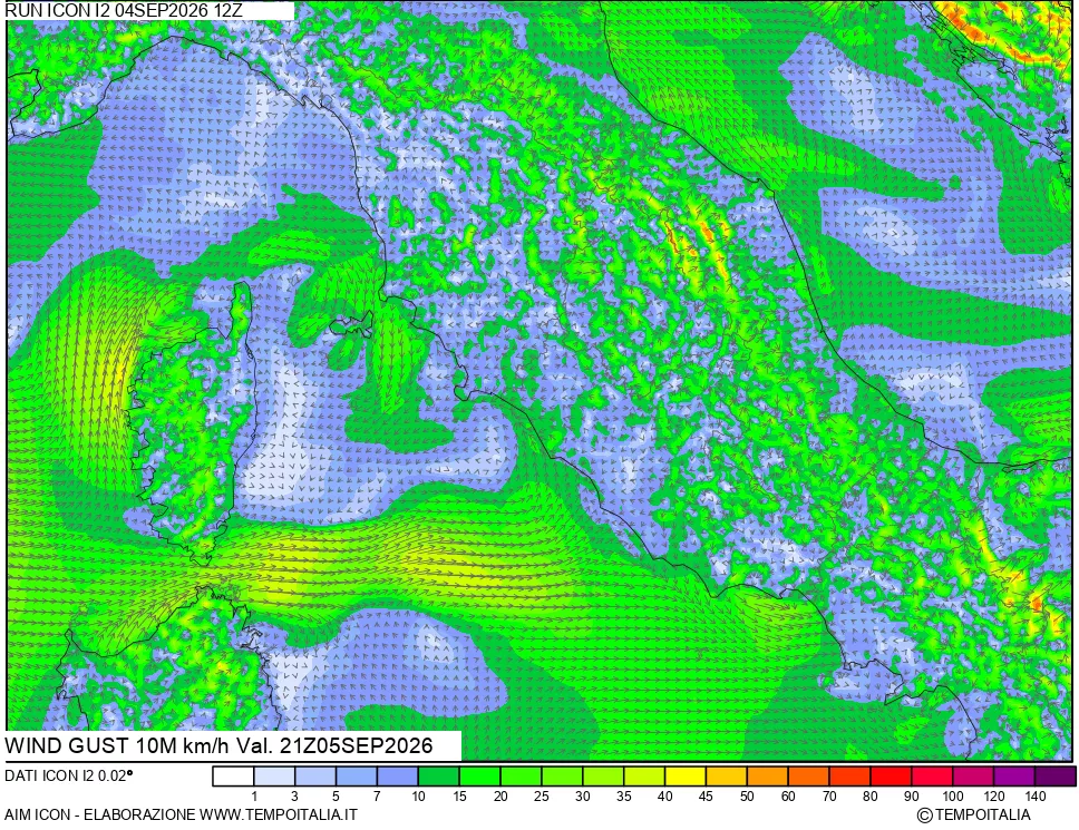 mappa 10 m Vento raffica massima
