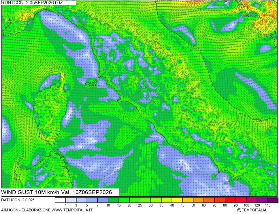 mappa 10 m Vento raffica massima
