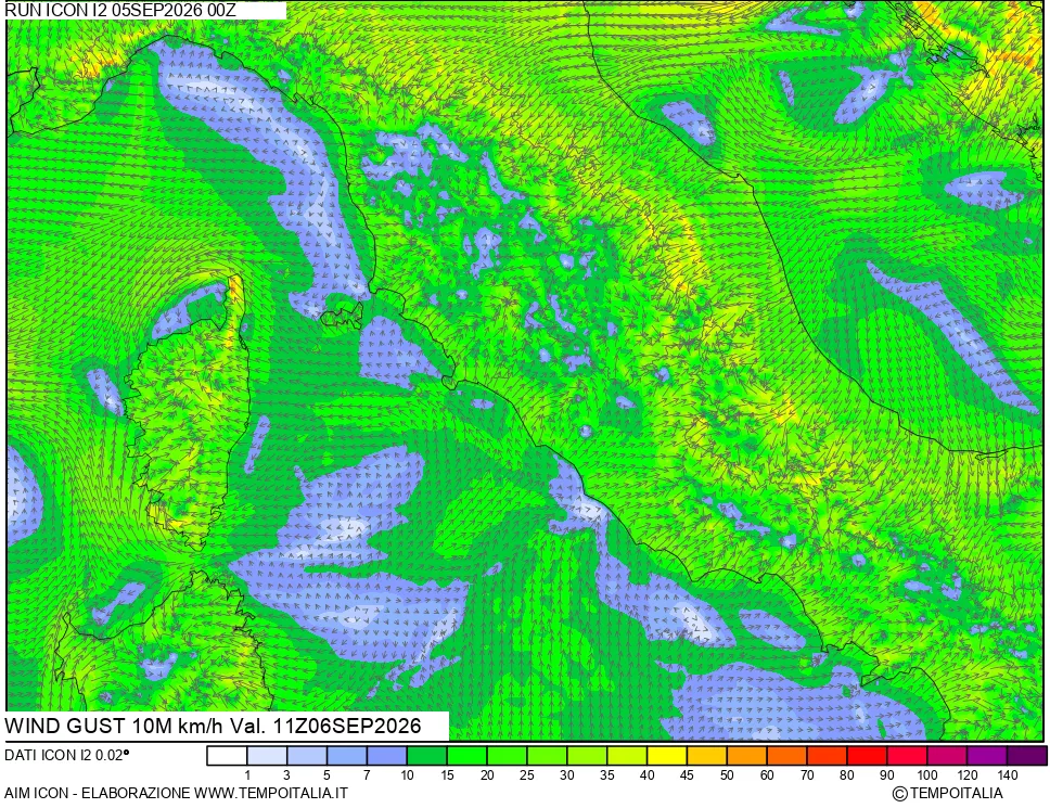 mappa 10 m Vento raffica massima