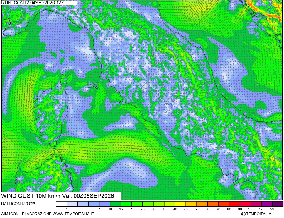 mappa 10 m Vento raffica massima