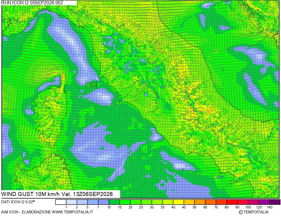 mappa 10 m Vento raffica massima