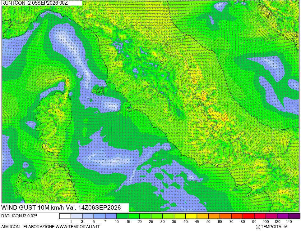 mappa 10 m Vento raffica massima