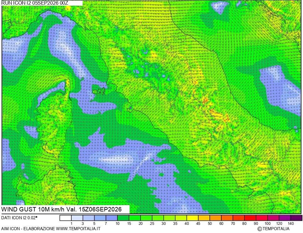 mappa 10 m Vento raffica massima