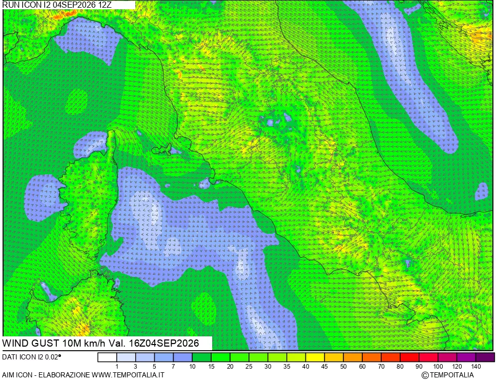 mappa 10 m Vento raffica massima