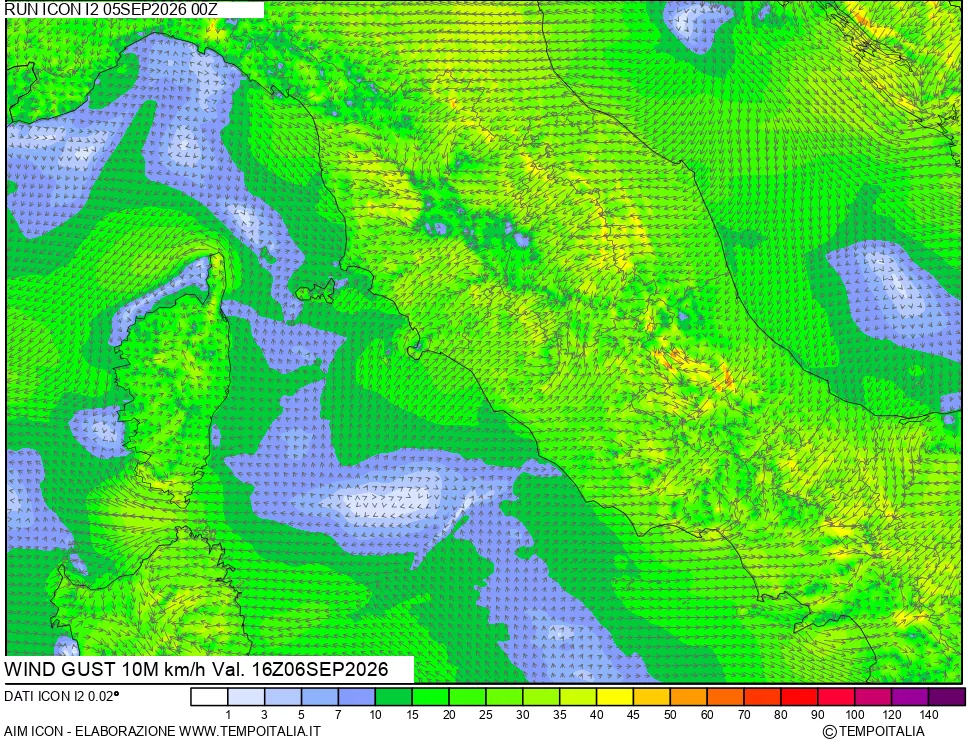 mappa 10 m Vento raffica massima
