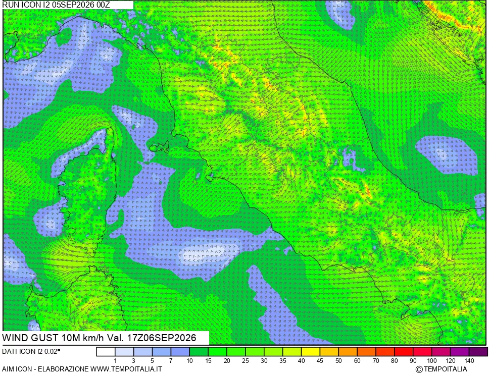 mappa 10 m Vento raffica massima