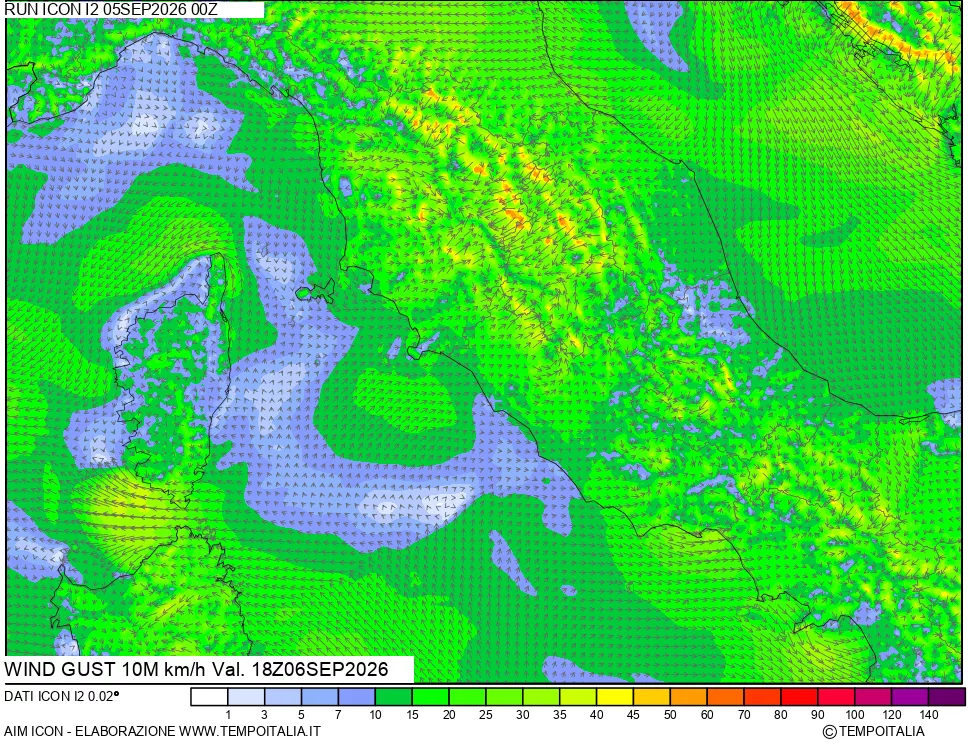 mappa 10 m Vento raffica massima