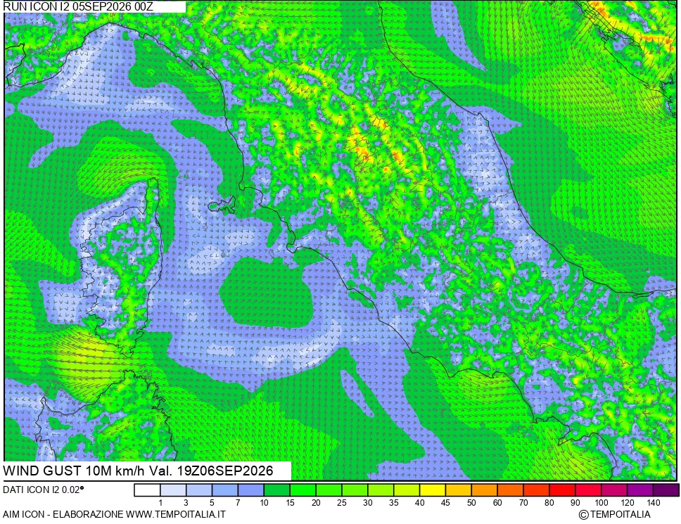mappa 10 m Vento raffica massima