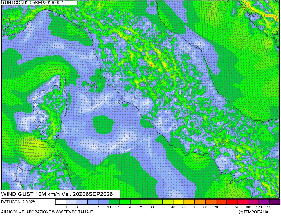 mappa 10 m Vento raffica massima