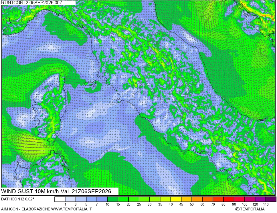 mappa 10 m Vento raffica massima