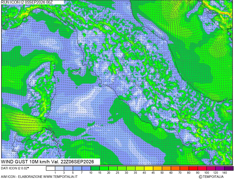 mappa 10 m Vento raffica massima