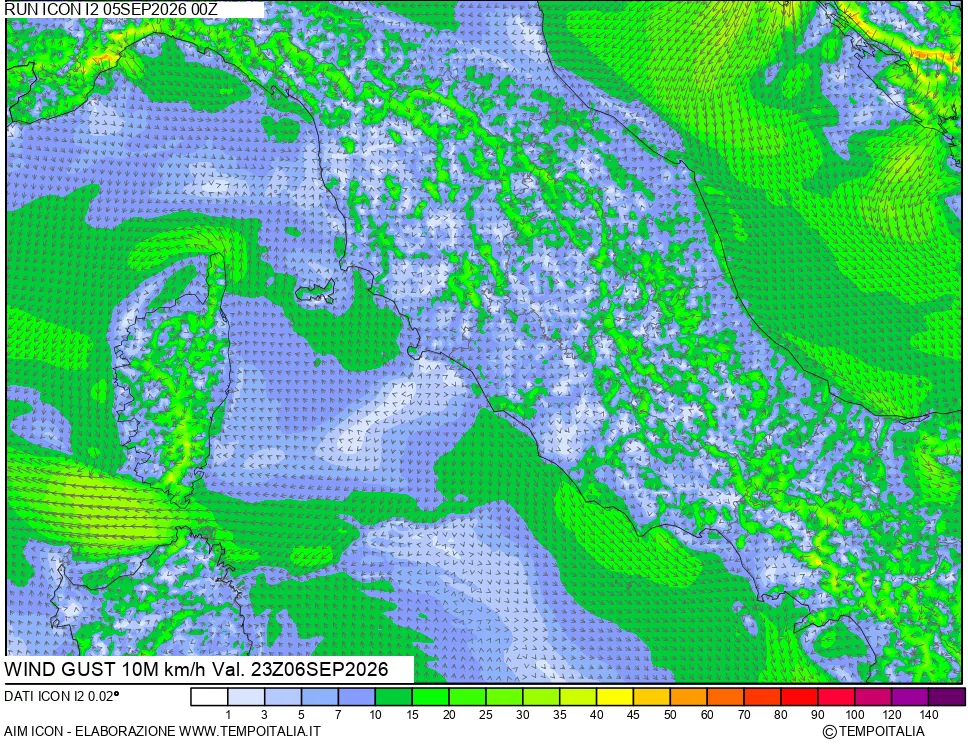 mappa 10 m Vento raffica massima