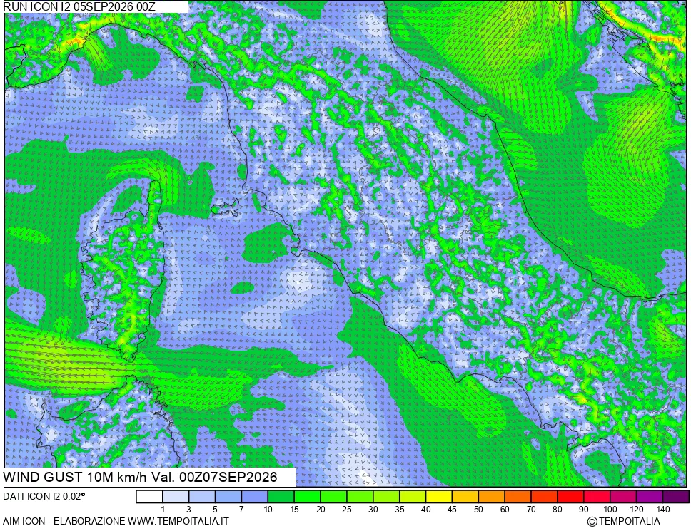 mappa 10 m Vento raffica massima