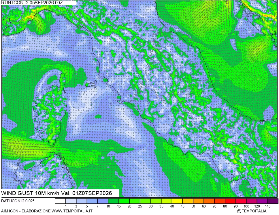 mappa 10 m Vento raffica massima