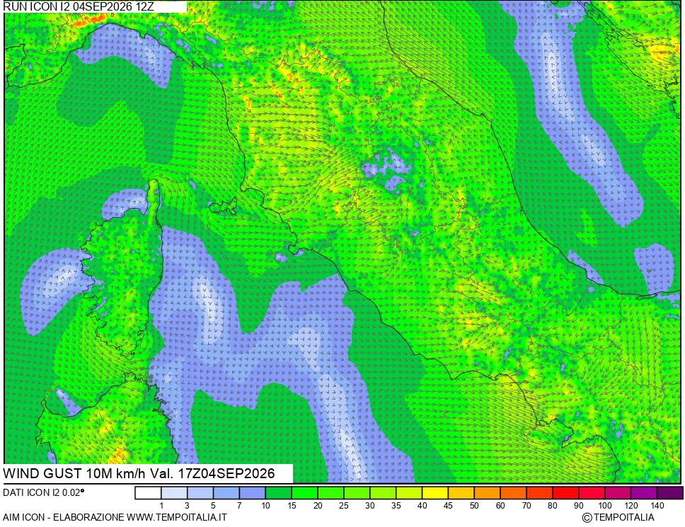 mappa 10 m Vento raffica massima