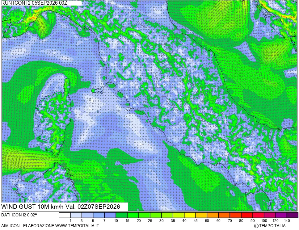 mappa 10 m Vento raffica massima