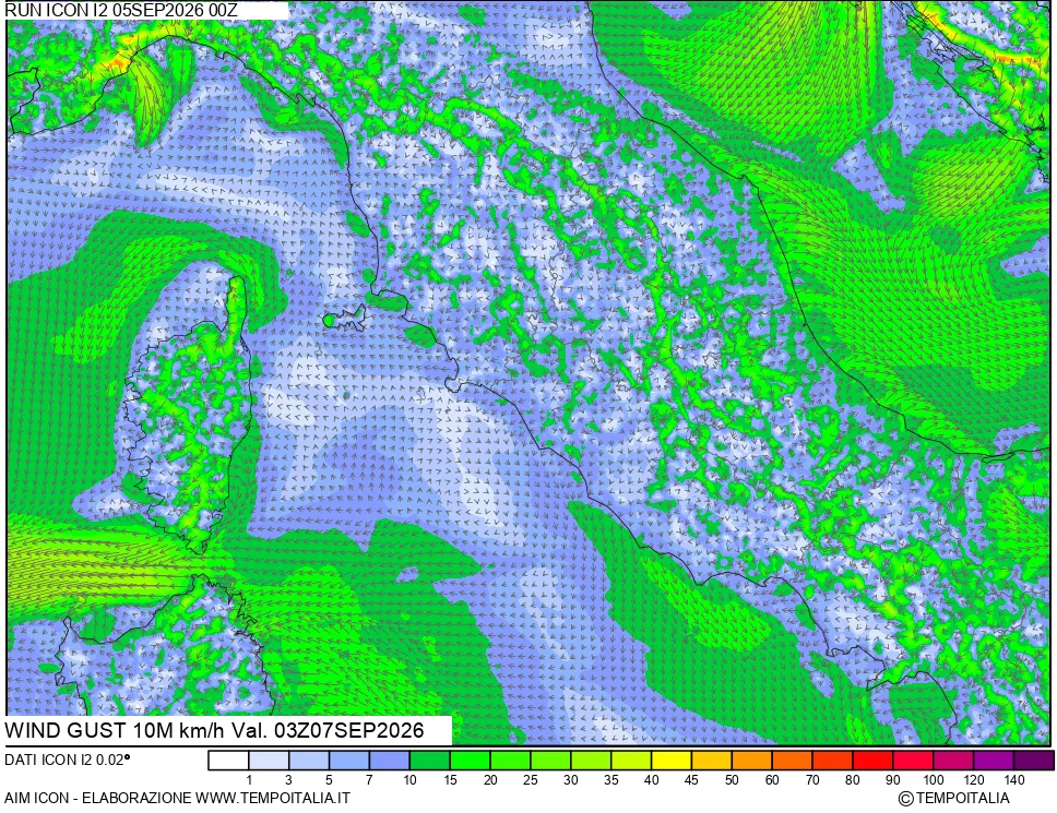 mappa 10 m Vento raffica massima
