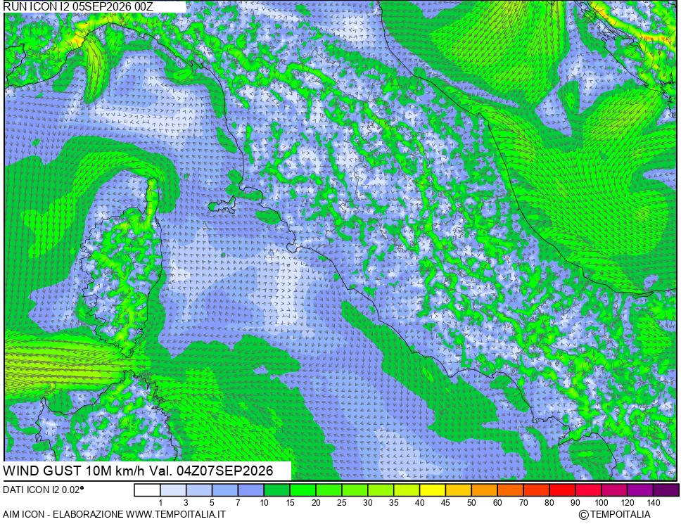 mappa 10 m Vento raffica massima
