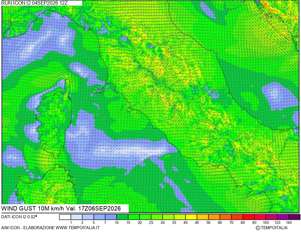 mappa 10 m Vento raffica massima