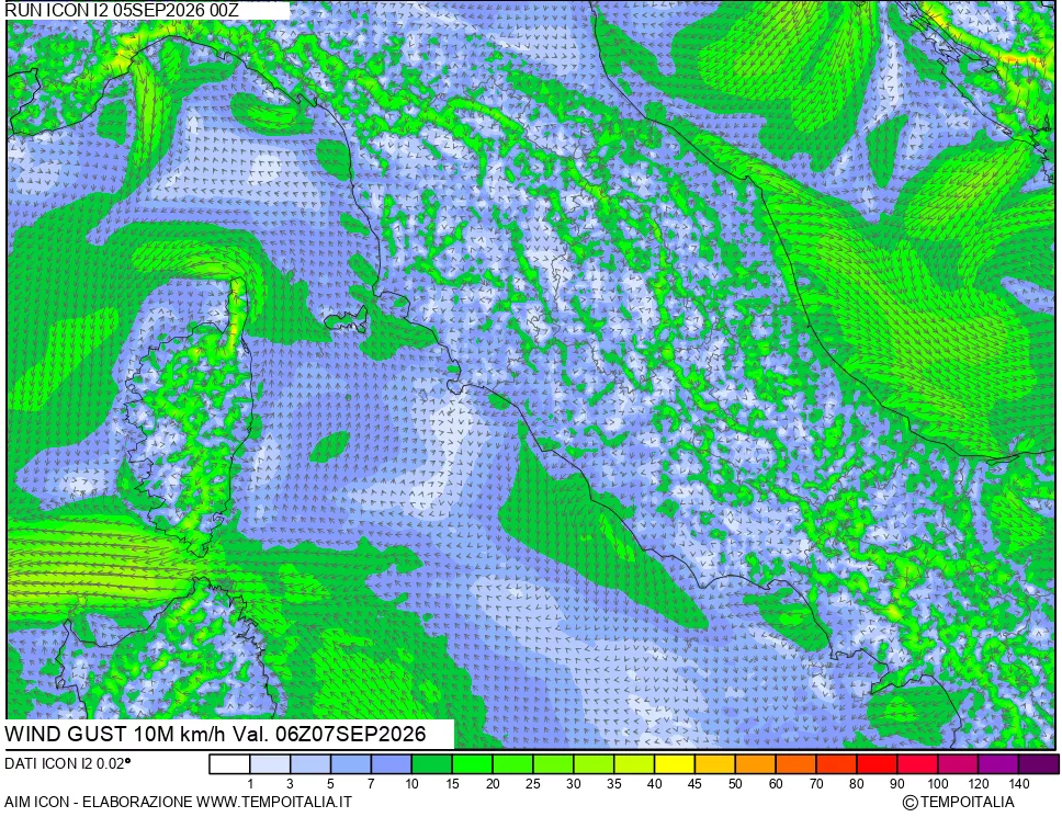 mappa 10 m Vento raffica massima