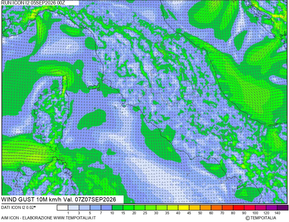mappa 10 m Vento raffica massima
