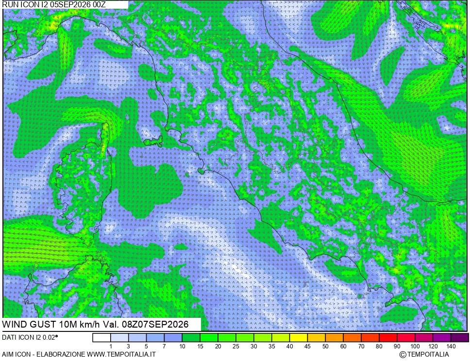 mappa 10 m Vento raffica massima