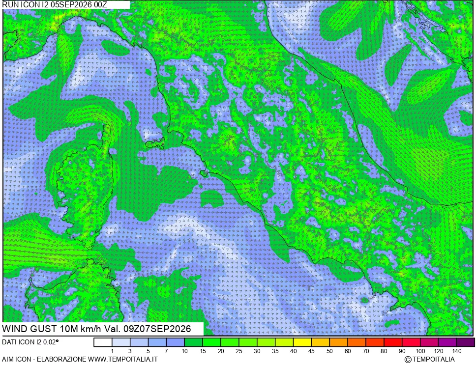 mappa 10 m Vento raffica massima
