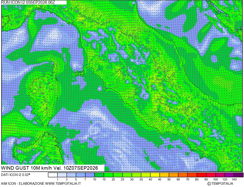 mappa 10 m Vento raffica massima
