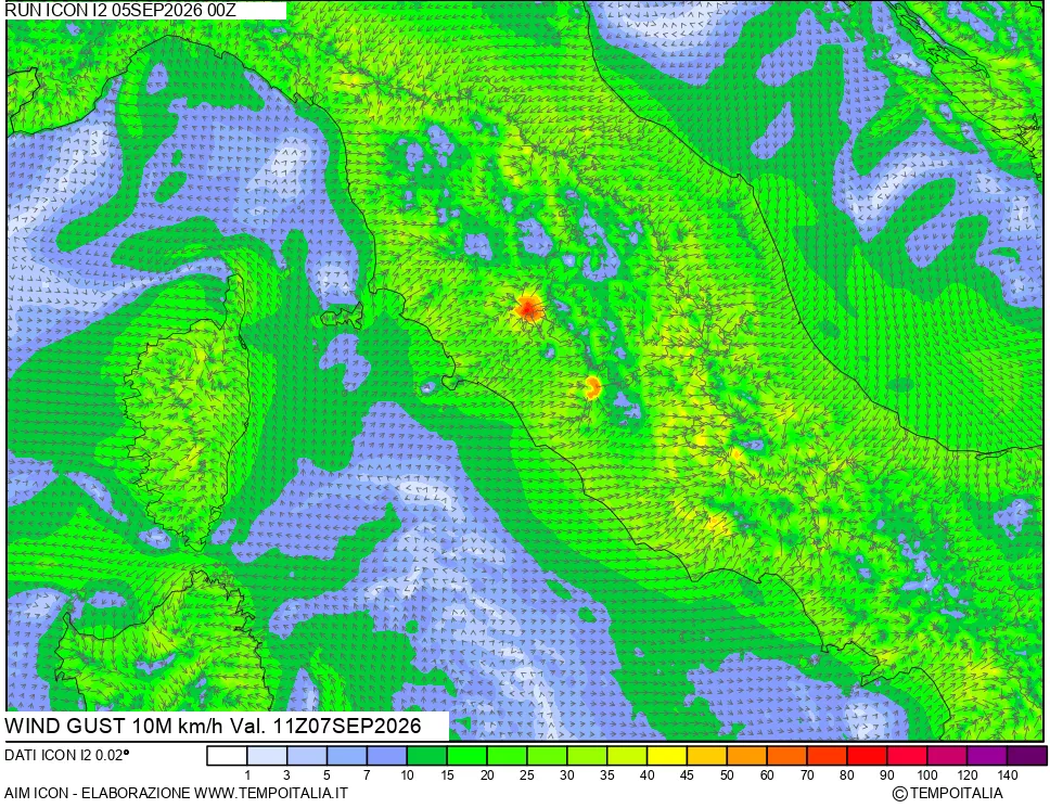 mappa 10 m Vento raffica massima