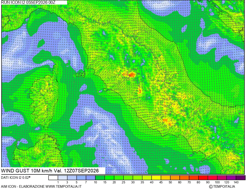 mappa 10 m Vento raffica massima