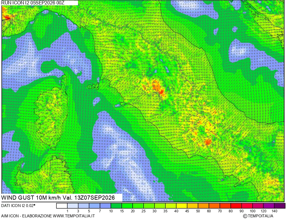 mappa 10 m Vento raffica massima