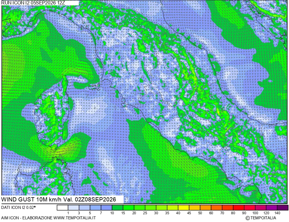 mappa 10 m Vento raffica massima