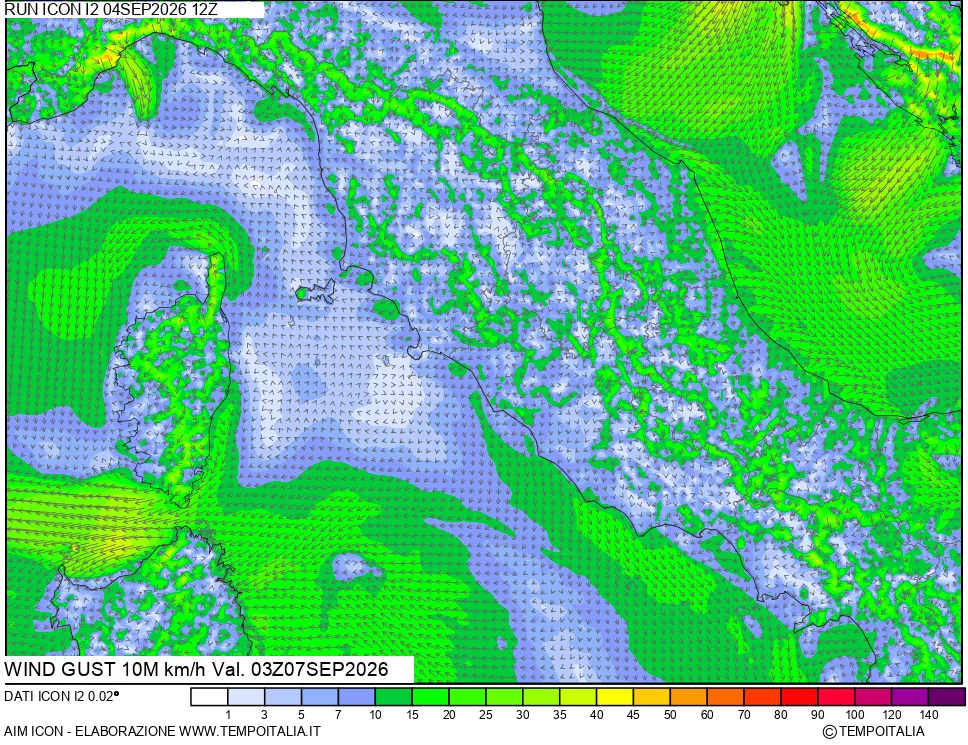 mappa 10 m Vento raffica massima