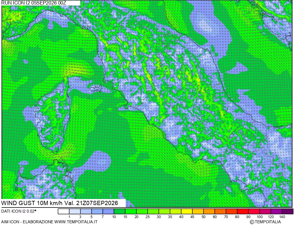 mappa 10 m Vento raffica massima