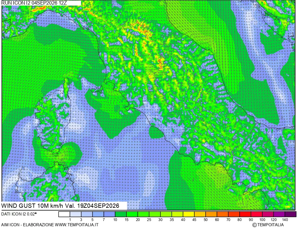 mappa 10 m Vento raffica massima