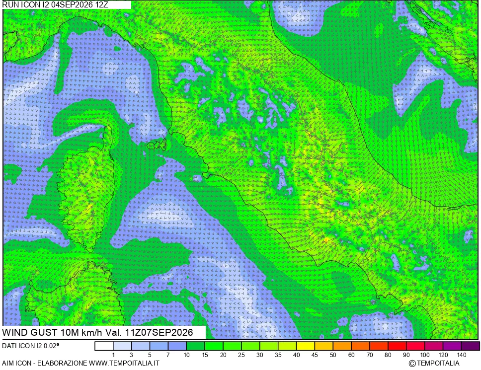 mappa 10 m Vento raffica massima