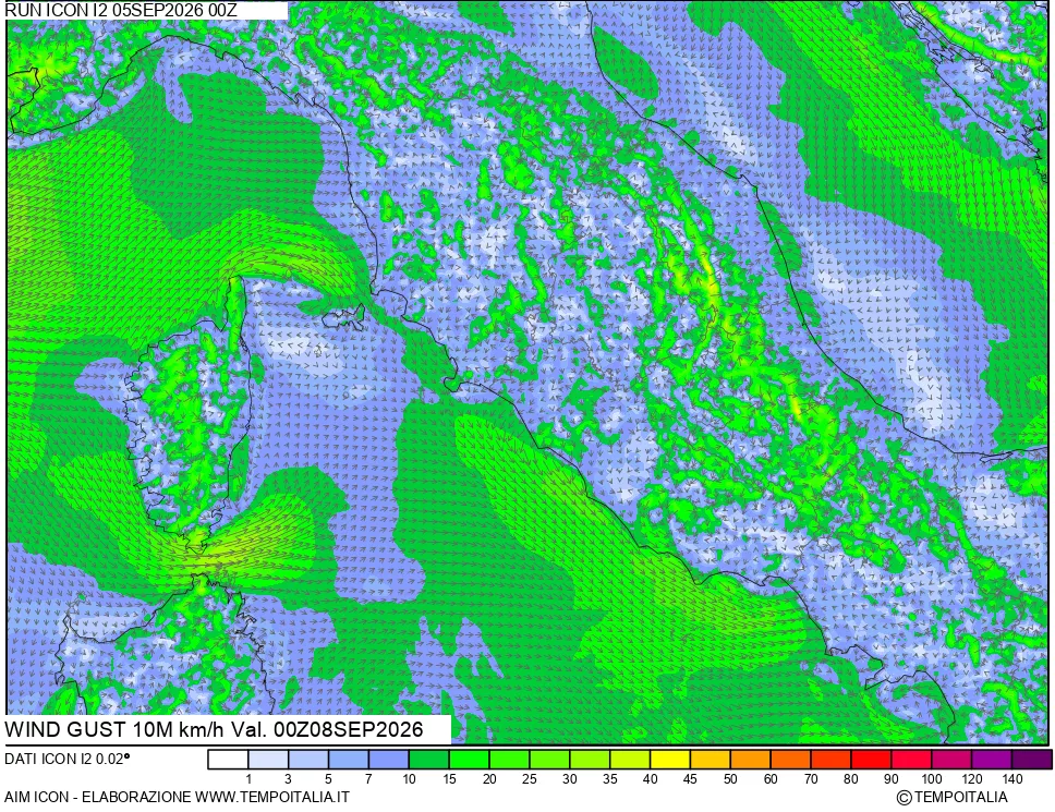 mappa 10 m Vento raffica massima