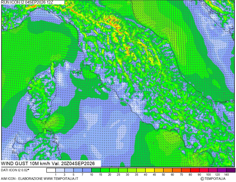 mappa 10 m Vento raffica massima