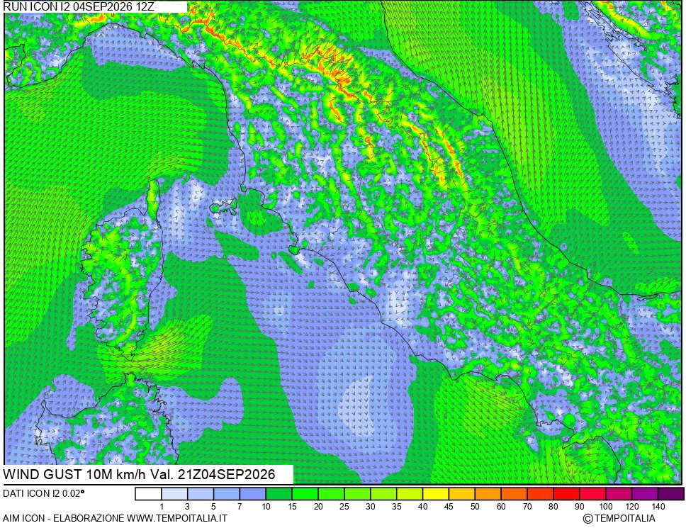 mappa 10 m Vento raffica massima