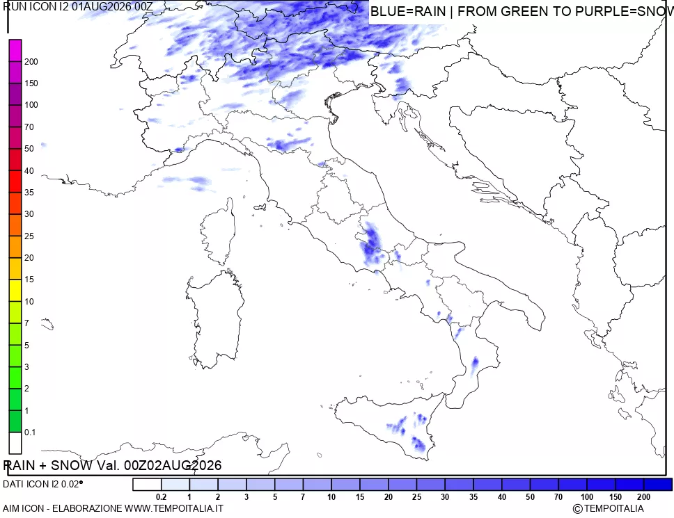 mappa Precipitazioni totali e nevose 24 ore precedenti