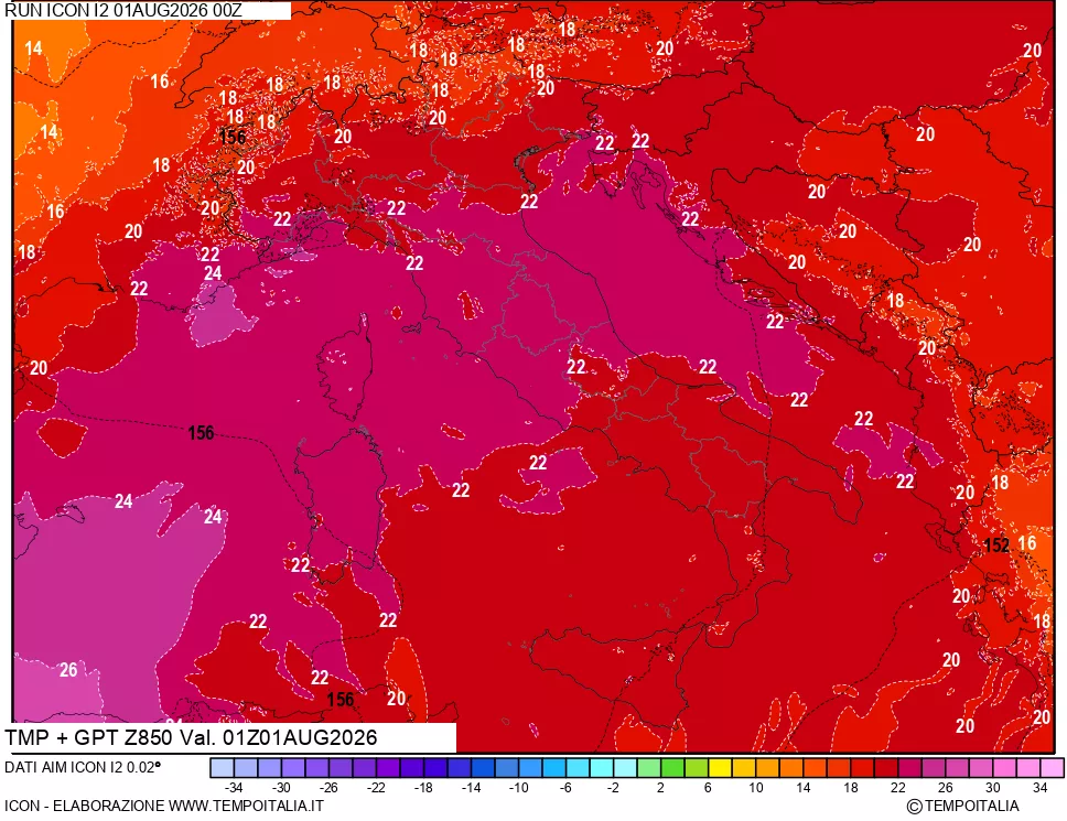 mappa 850 hPa Temp + GPT
