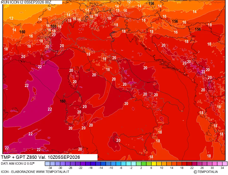 mappa 850 hPa Temp + GPT
