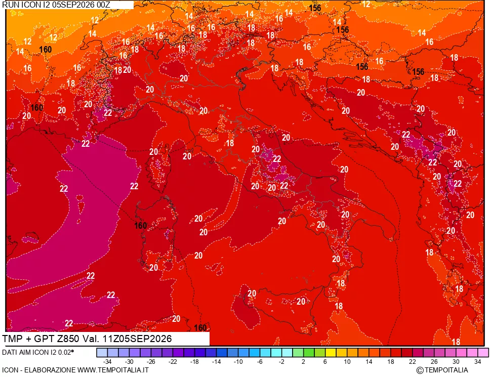 mappa 850 hPa Temp + GPT