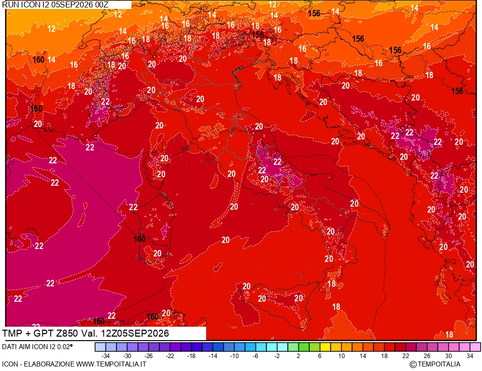 mappa 850 hPa Temp + GPT