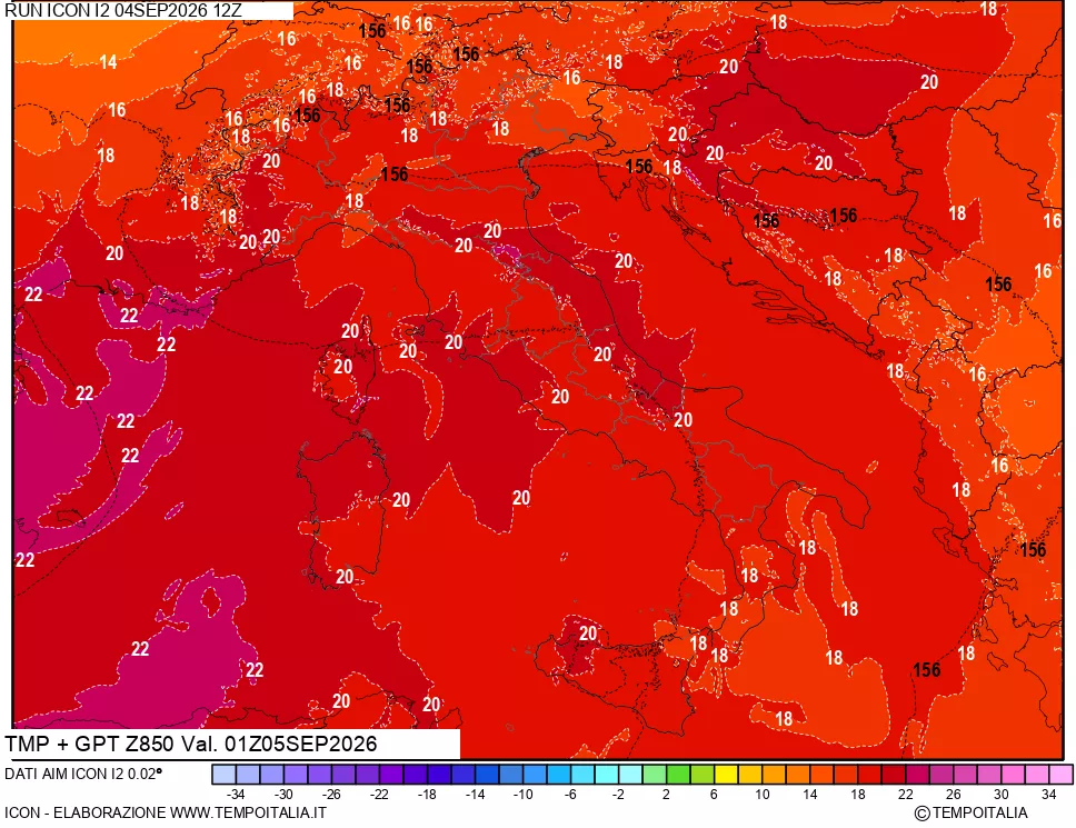 mappa 850 hPa Temp + GPT
