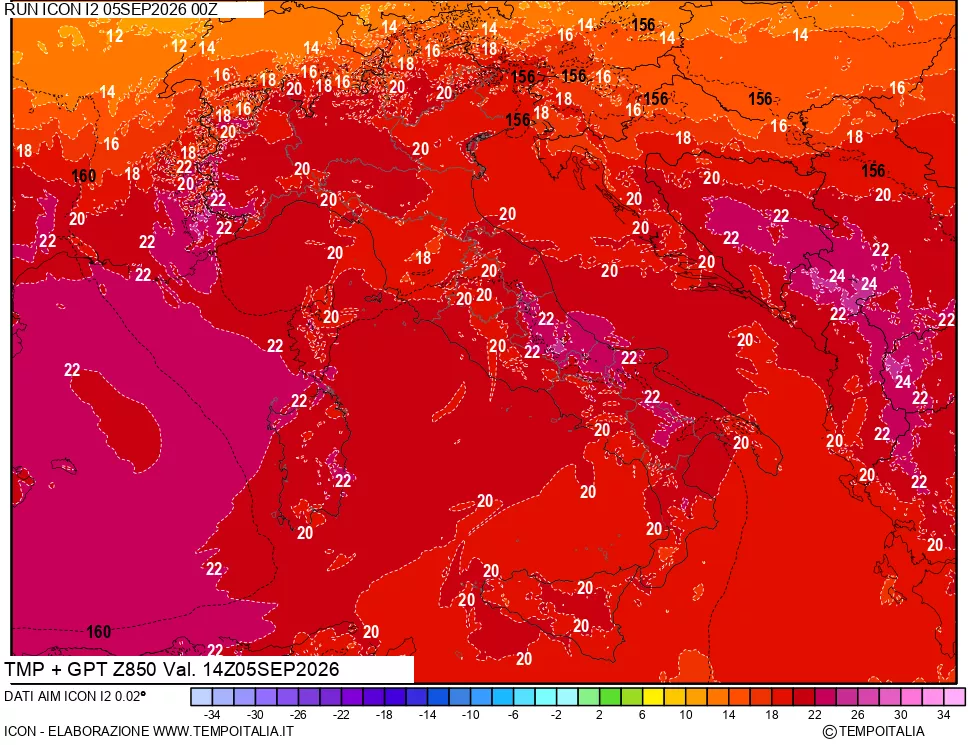 mappa 850 hPa Temp + GPT