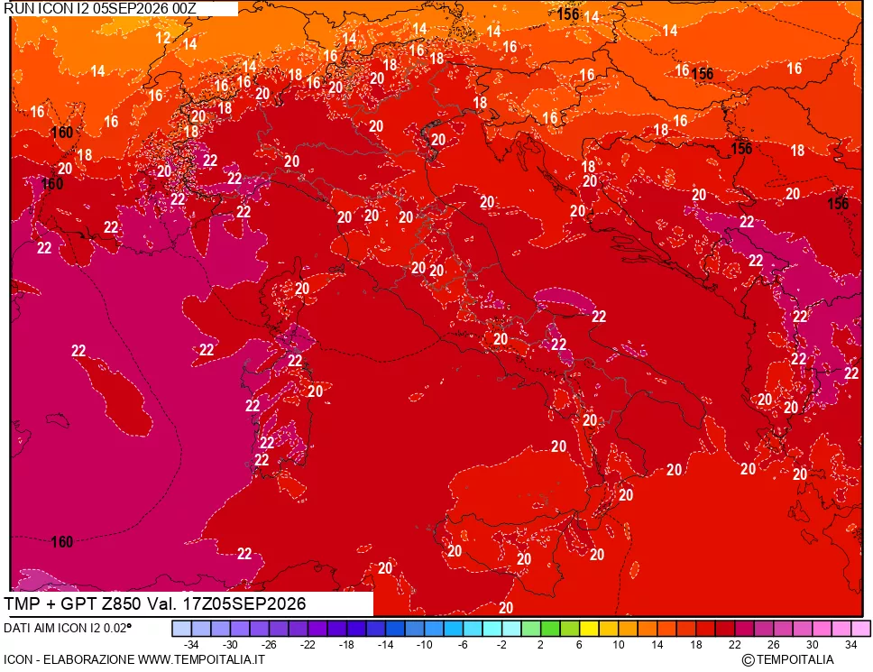 mappa 850 hPa Temp + GPT