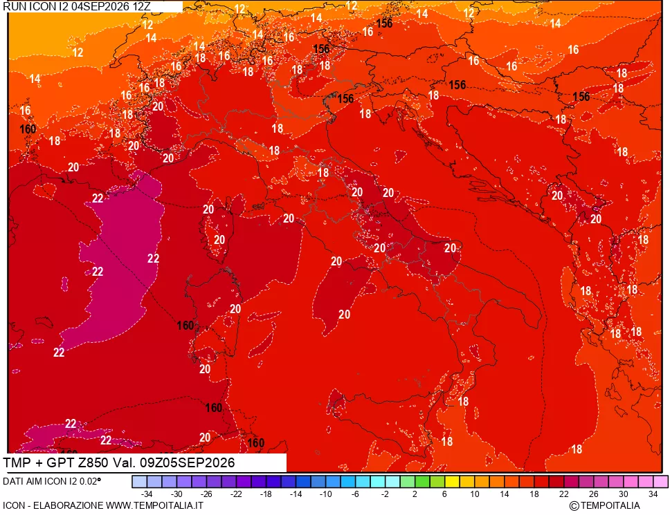 mappa 850 hPa Temp + GPT