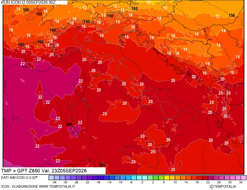 mappa 850 hPa Temp + GPT